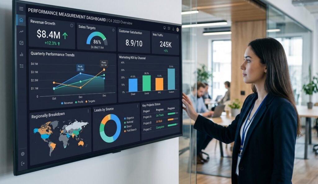 Sustainability consultant analyzing carbon emissions dashboard